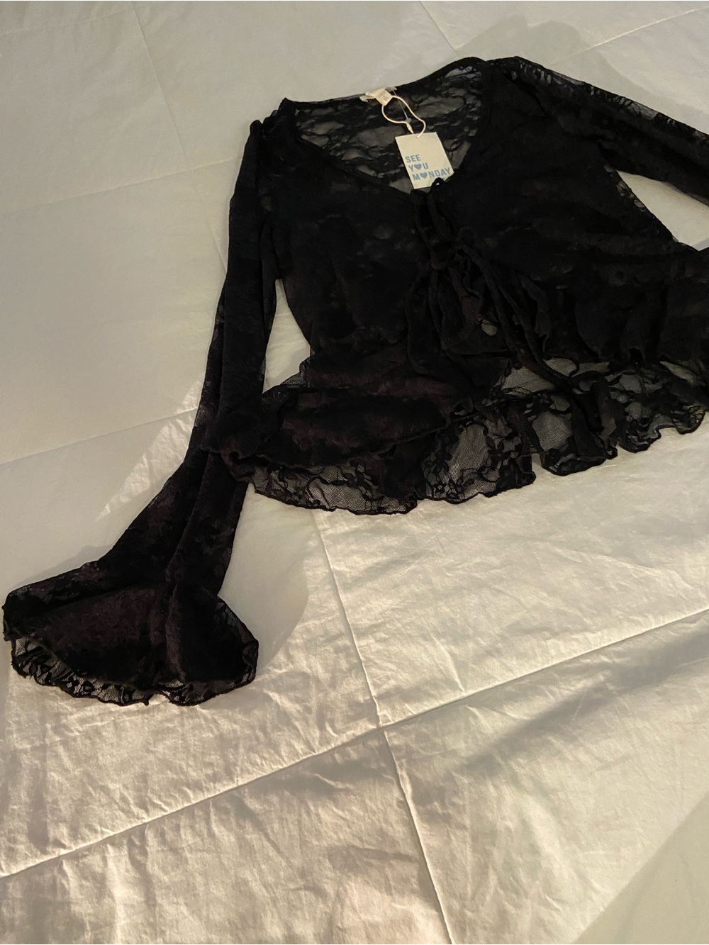 🖤 Sheer Lace Tie-Front Ruffle Top🖤 - Picture 9 of 16